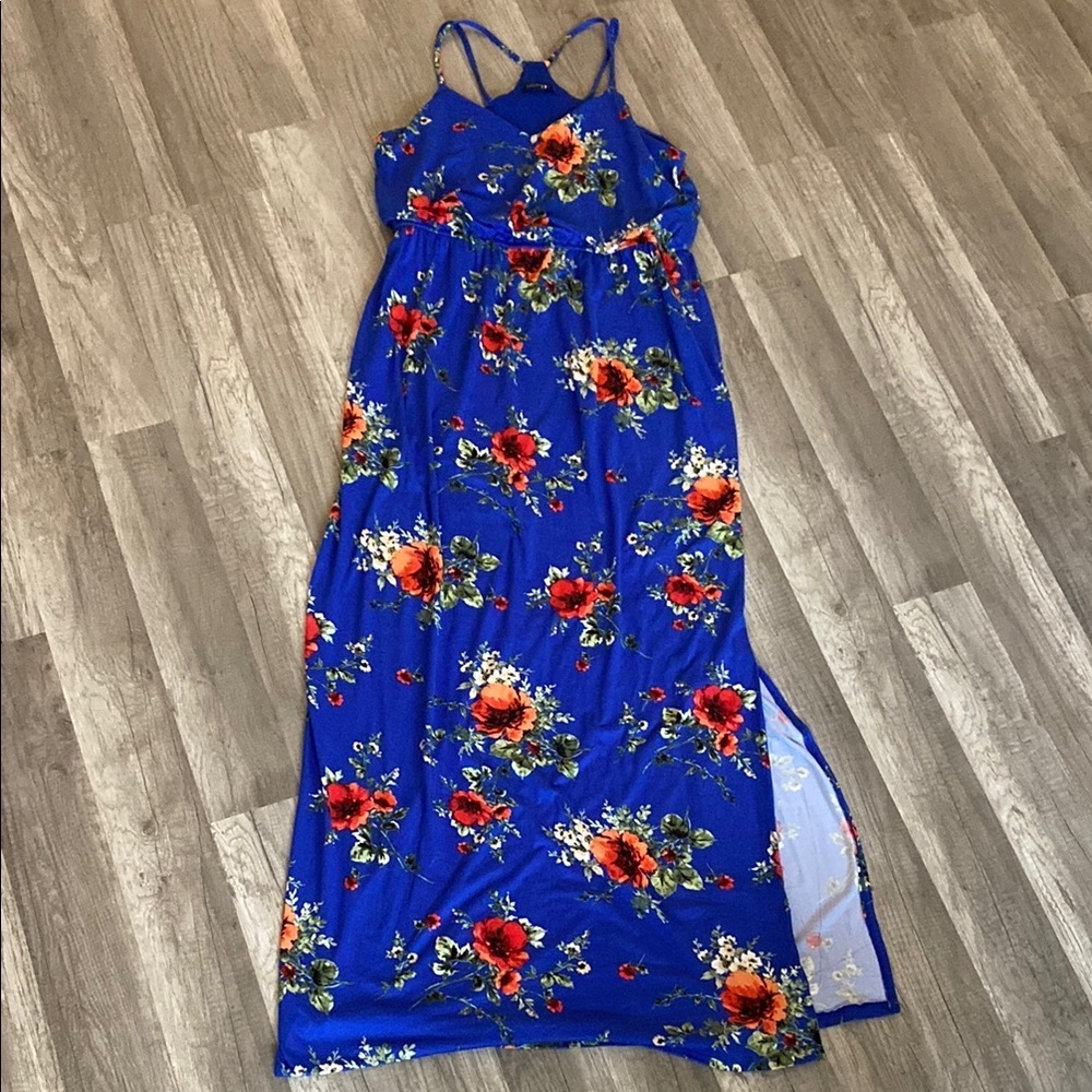 Papermoon Royal Blue Floral Maxi Dress with Red & Orange Blooms